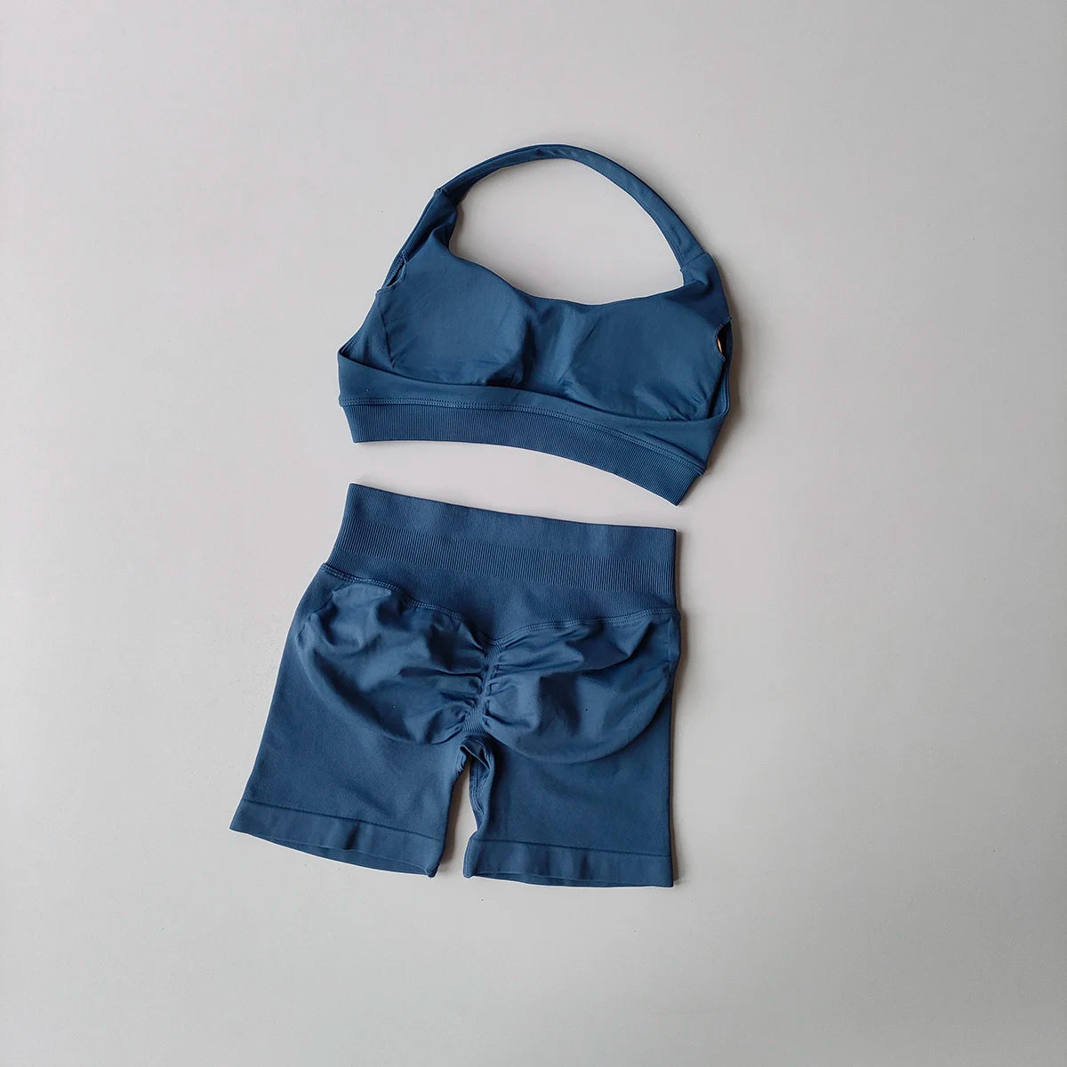 Two Piece Halter Sports Bra with Matching Seamless Impact Shorts Gym Outfit