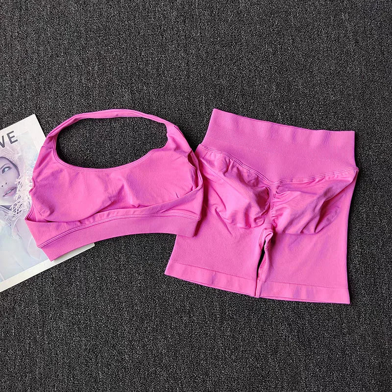Two Piece Halter Sports Bra with Matching Seamless Impact Shorts Gym Outfit