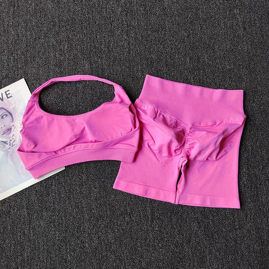 Two Piece Halter Sports Bra with Matching Seamless Impact Shorts Gym Outfit