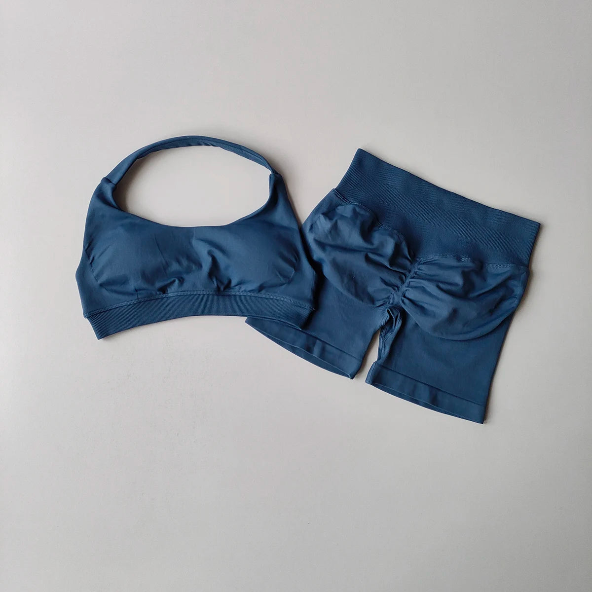 Two Piece Halter Sports Bra with Matching Seamless Impact Shorts Gym Outfit