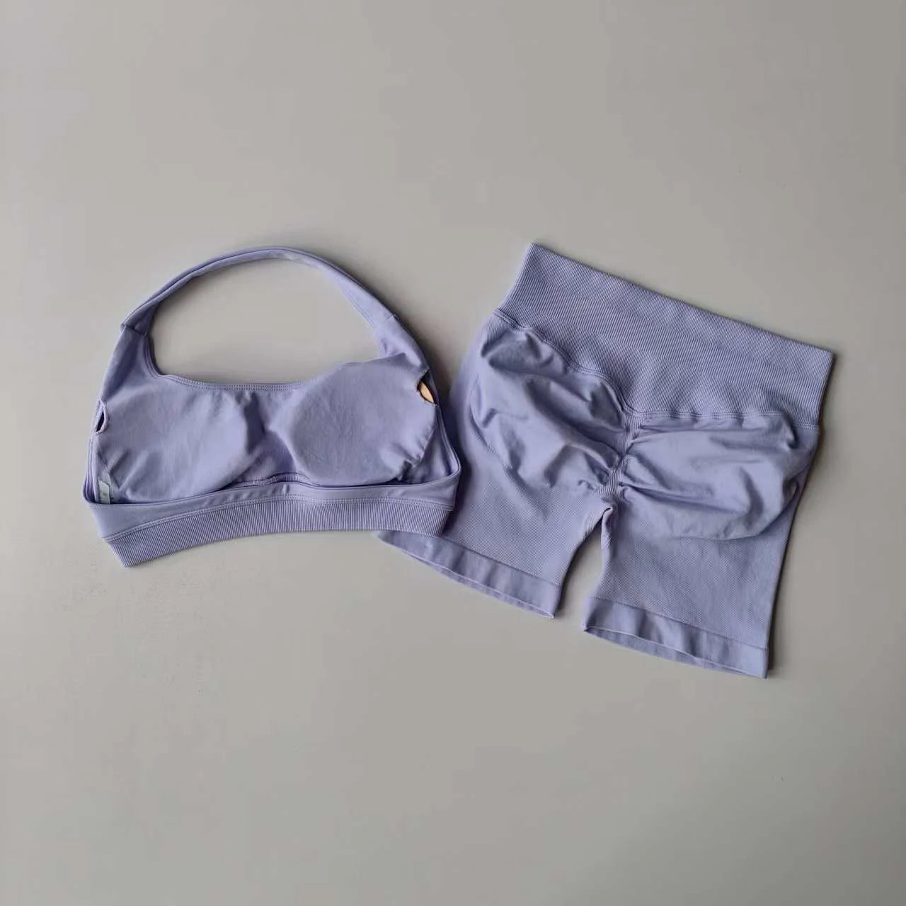 Two Piece Halter Sports Bra with Matching Seamless Impact Shorts Gym Outfit
