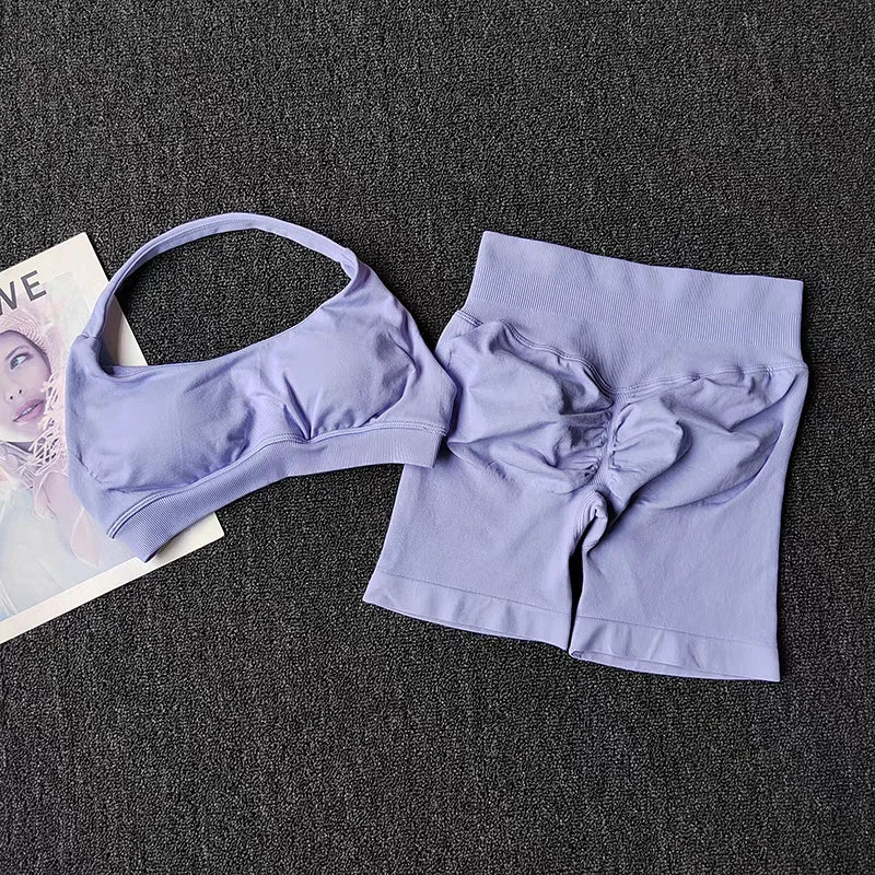 Two Piece Halter Sports Bra with Matching Seamless Impact Shorts Gym Outfit