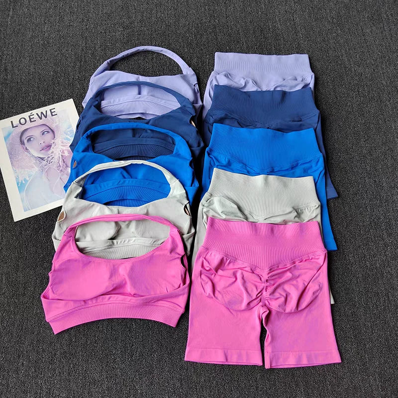 Two Piece Halter Sports Bra with Matching Seamless Impact Shorts Gym Outfit