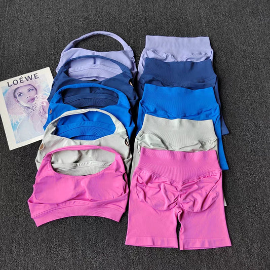 Two Piece Halter Sports Bra with Matching Seamless Impact Shorts Gym Outfit