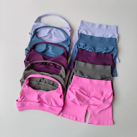 Two Piece Halter Sports Bra with Matching Seamless Impact Shorts Gym Outfit